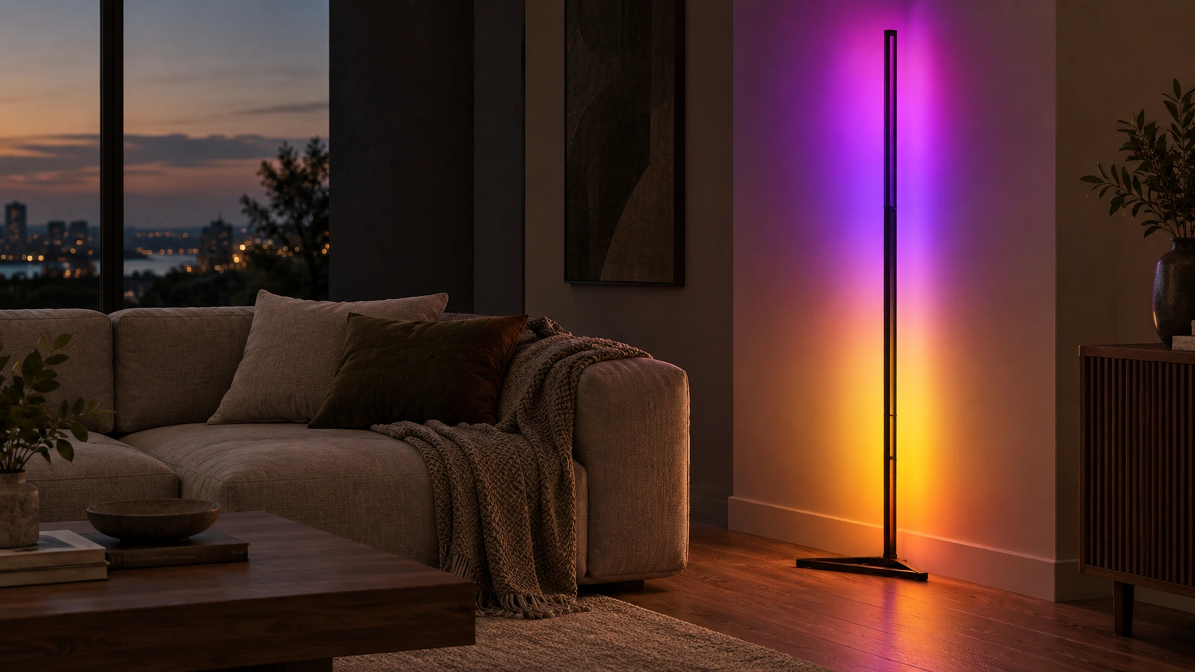 Black RGB floor column lamp in a living room