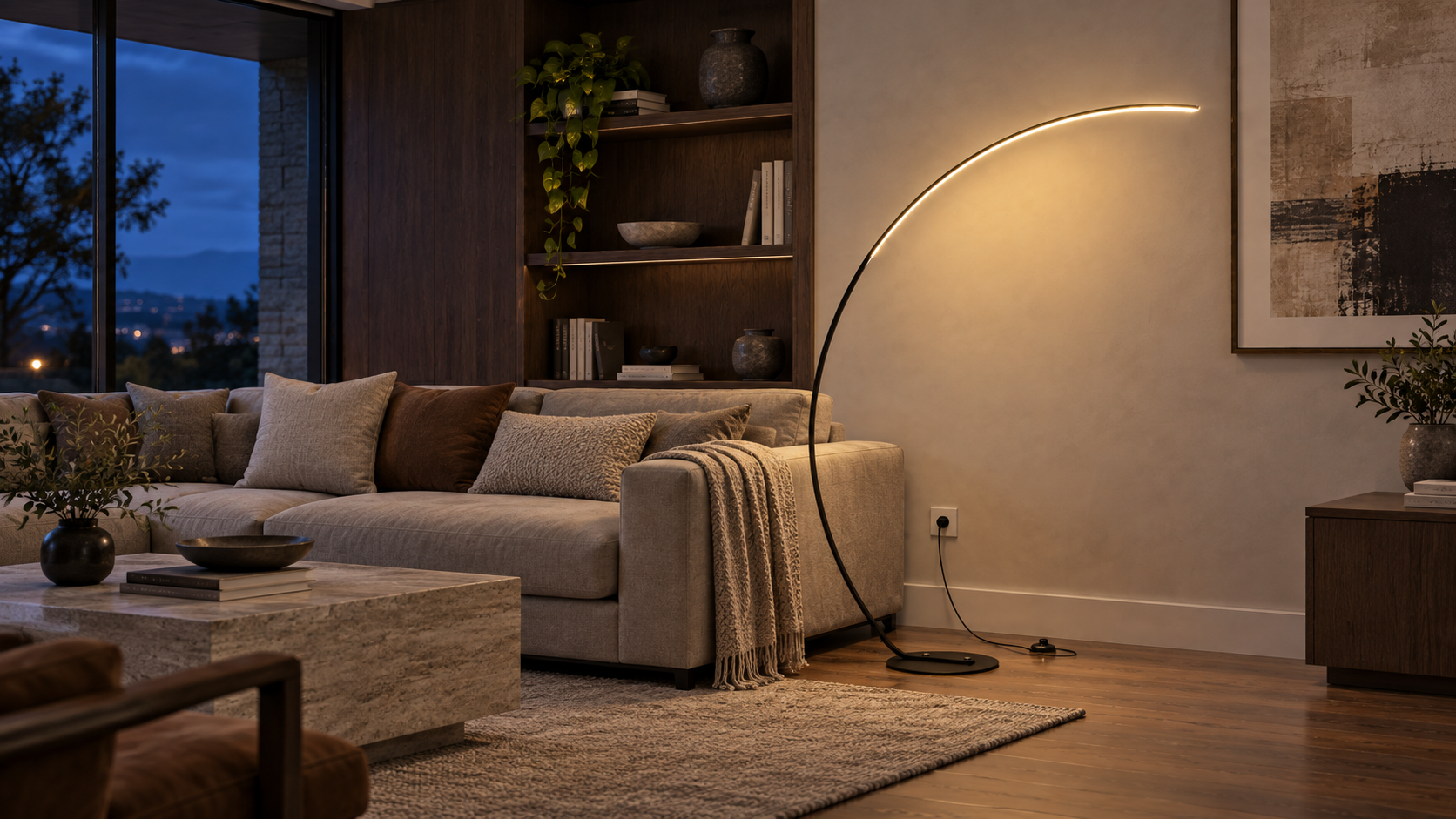 Crescent floor lamp in a warm architectural living room at blue hour