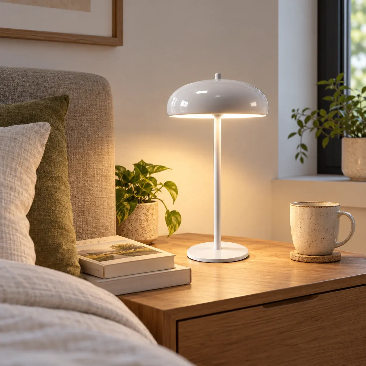 White Dome Rechargeable Table Lamp: product in use
