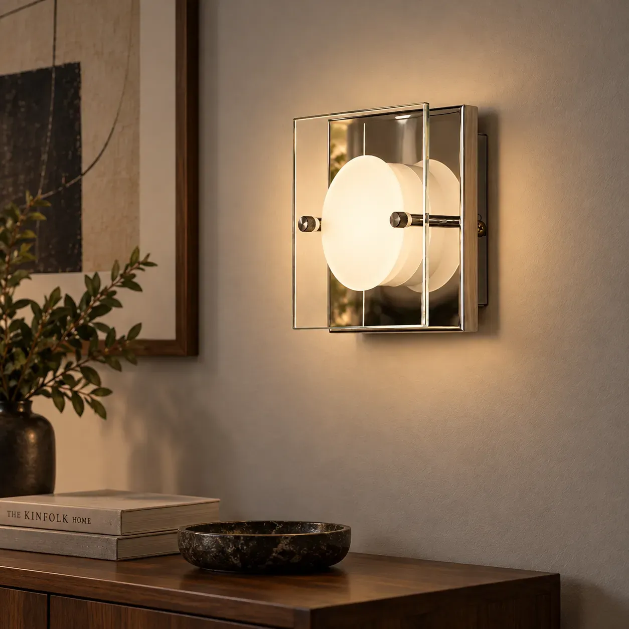 Harlow Reflector Sconce, Silver, Large, in use; styling props are not included