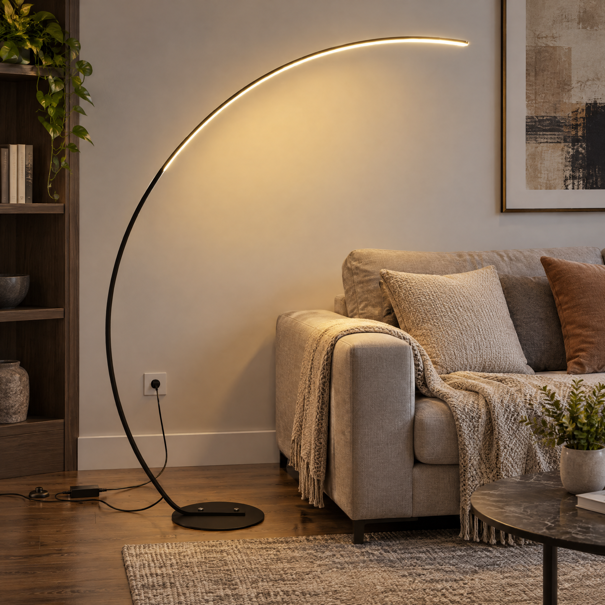 Crescent floor lamp illuminating a calm living room
